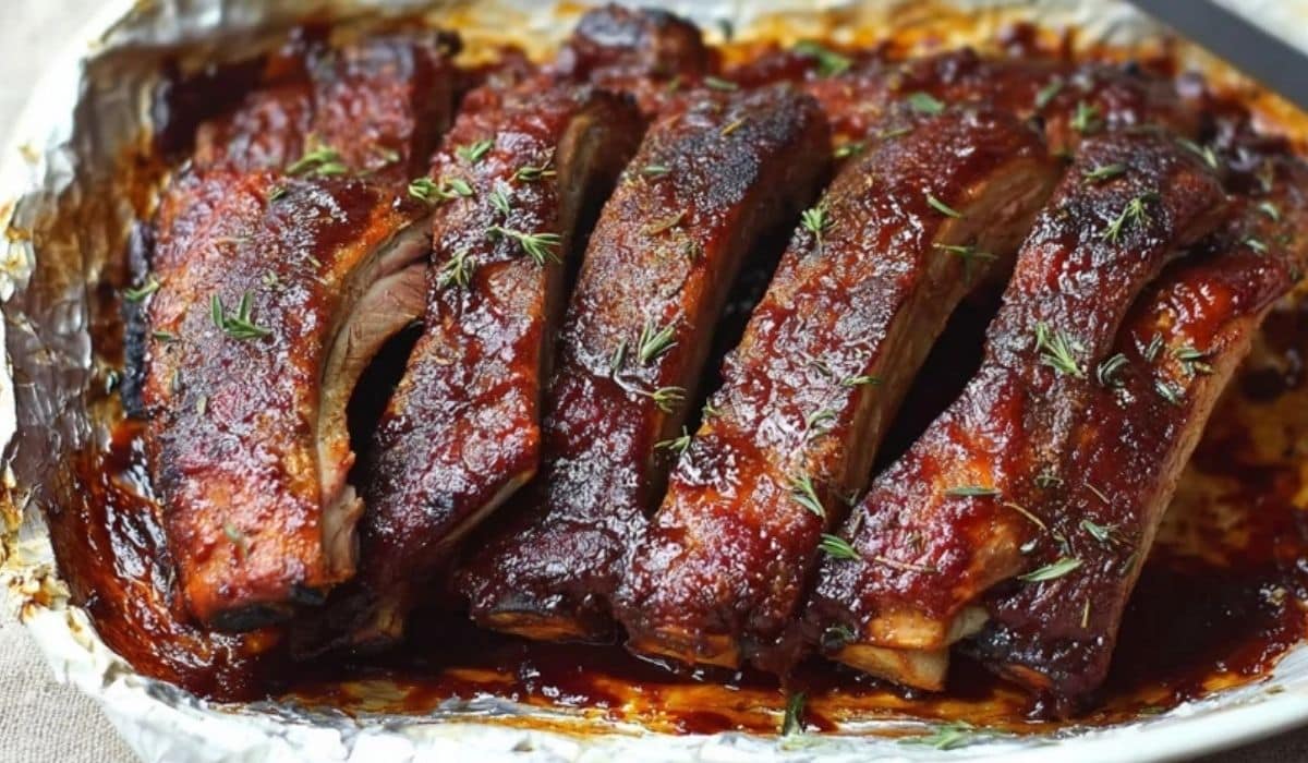 3-Step Fall off the Bone Ribs glazed with barbecue sauce on a rustic sheet pan