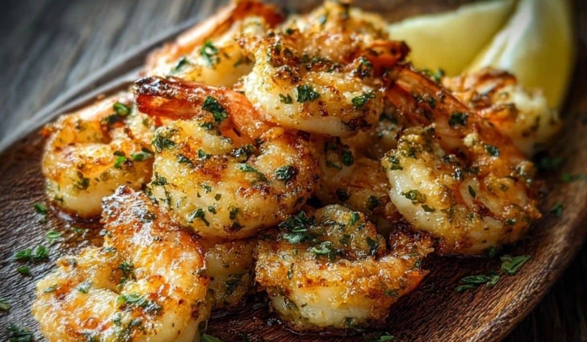 Garlic Parmesan Roasted Shrimp served on a wooden platter with lemon and herbs