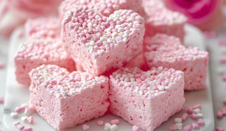 Pink Marshmallow Treats on Marble Platter