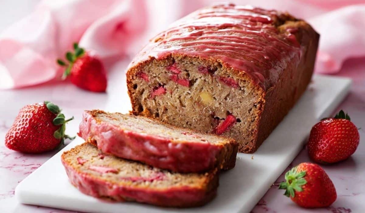 Super Moist Strawberry Banana Bread for Valentine’s Day on a white plate