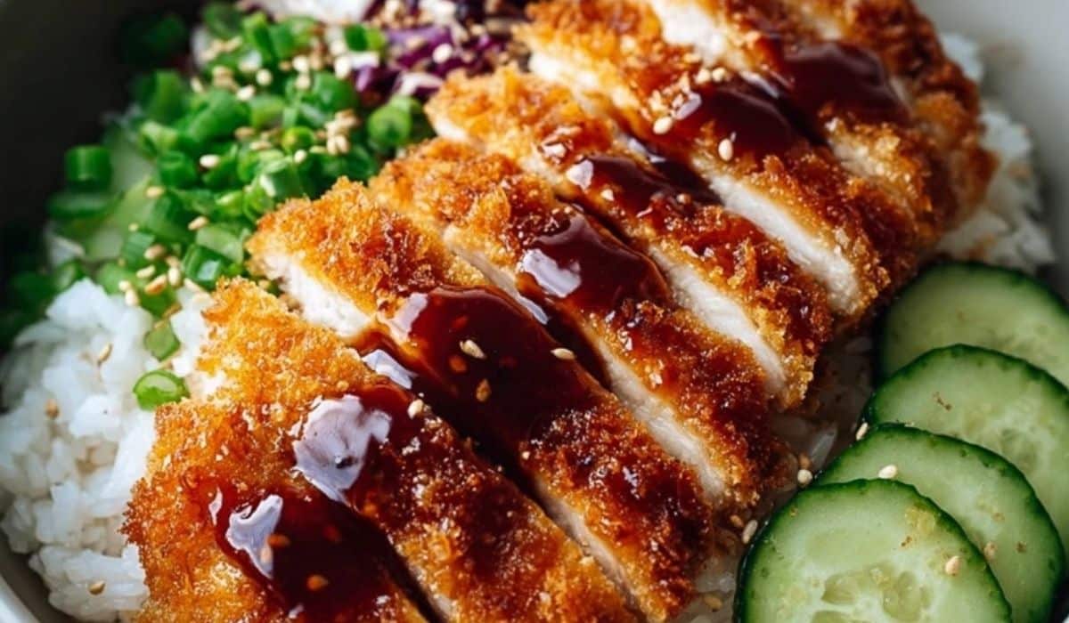 apanese Katsu Bowls with Tonkatsu Sauce in a black bowl with rice, cabbage, and sesame seeds.