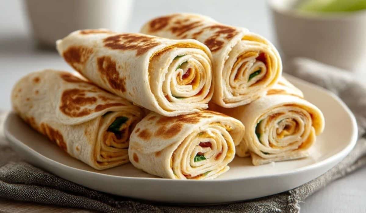 Turkey and Cheese Roll-Ups on a platter with fruit and veggie sides.