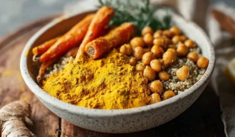 Anti-inflammatory golden turmeric bowl with quinoa and roasted veggies in a white bowl