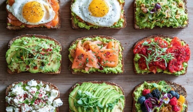 Avocado toast 10 ways on a rustic board with savory and sweet toppings