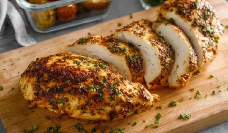 Sliced baked chicken breast for meal prep with containers of veggies and salad