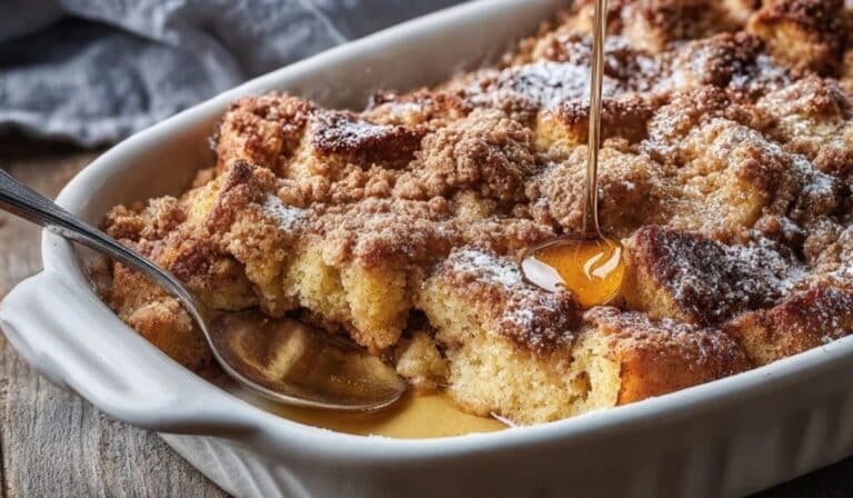 Baked French toast casserole in a white dish with golden cinnamon topping