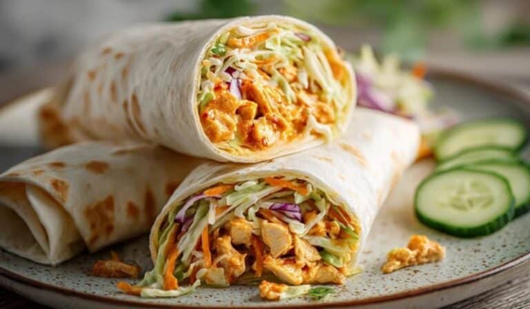 Bang bang chicken wraps sliced open with creamy spicy filling and crunchy slaw