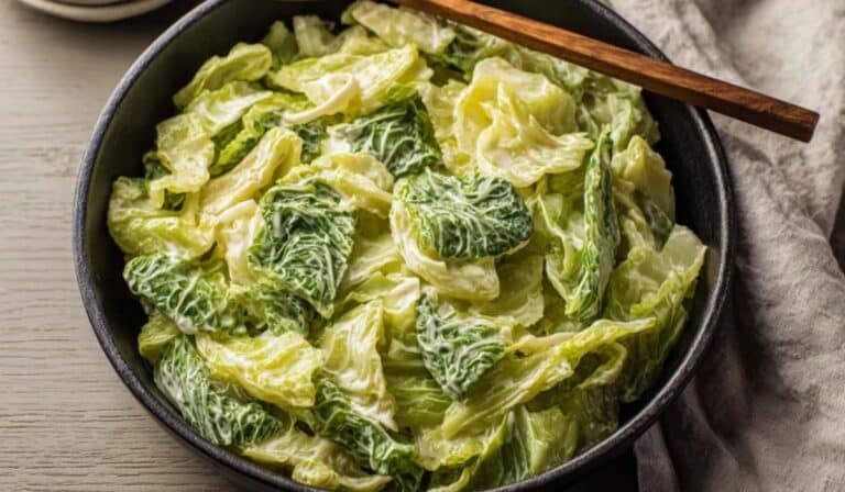 Butter-Braised Cabbage with Garlic Cream in a cast iron skillet on a rustic table