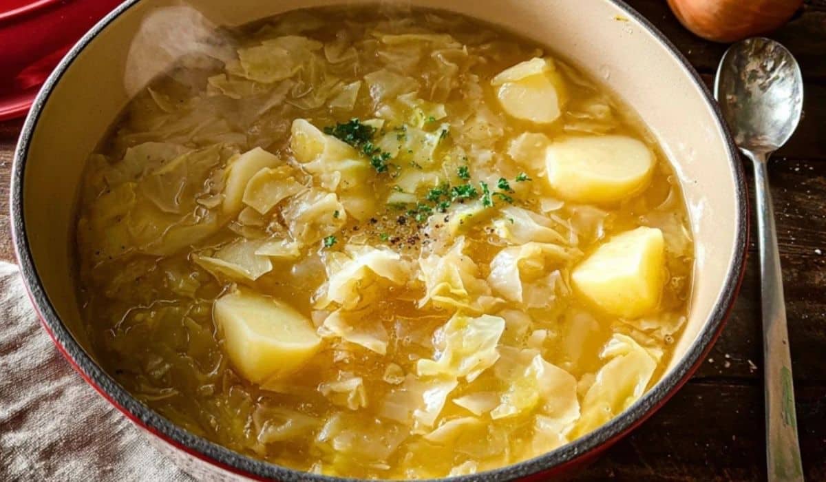 Cabbage and Potato Soup in a rustic bowl with herbs on top