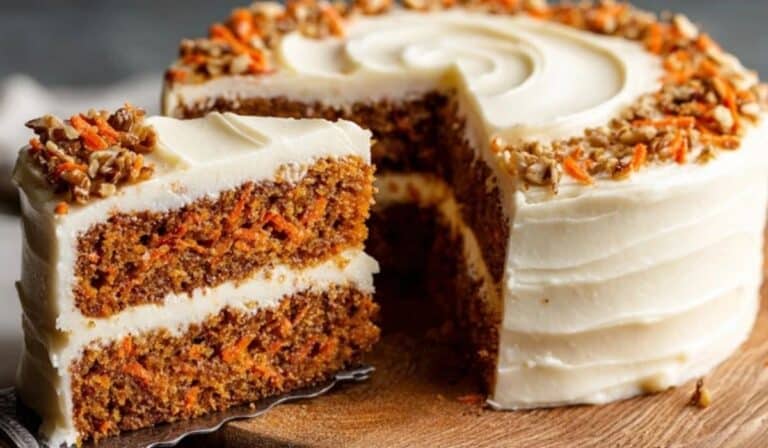 Carrot cake with cream cheese frosting sliced on a white cake stand