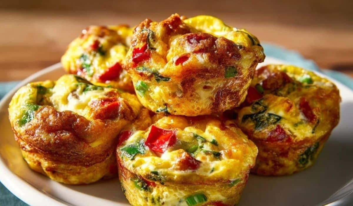 Cheesy egg muffins with veggies stacked on a plate for breakfast.