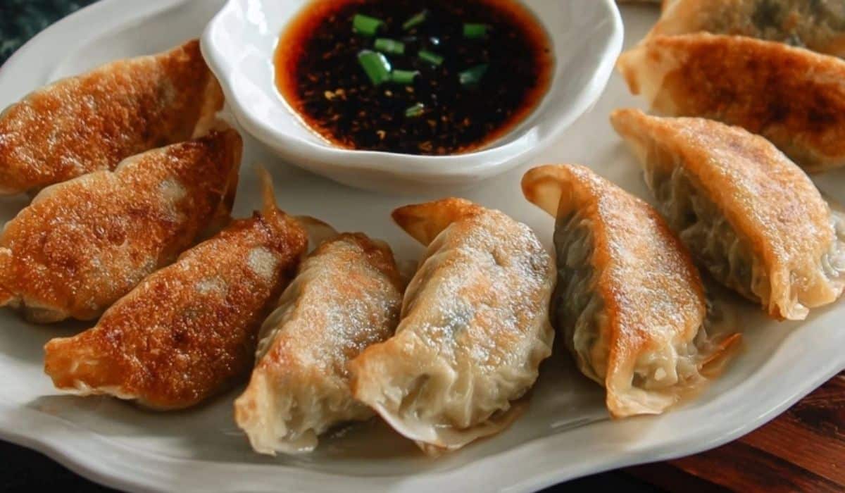 Chicken and ginger cabbage dumplings with dipping sauce on a plate