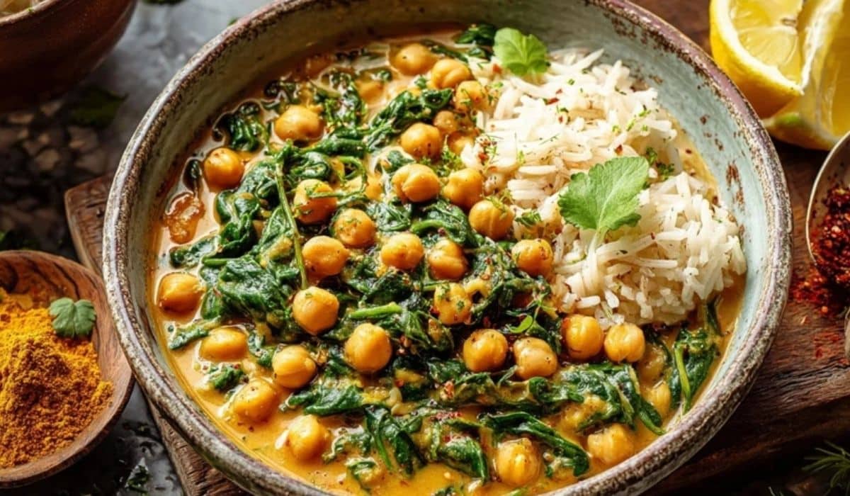 Chickpea and spinach curry in a bowl with rice, cilantro, and lemon