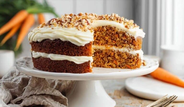 Classic carrot cake with cream cheese frosting on a cake stand