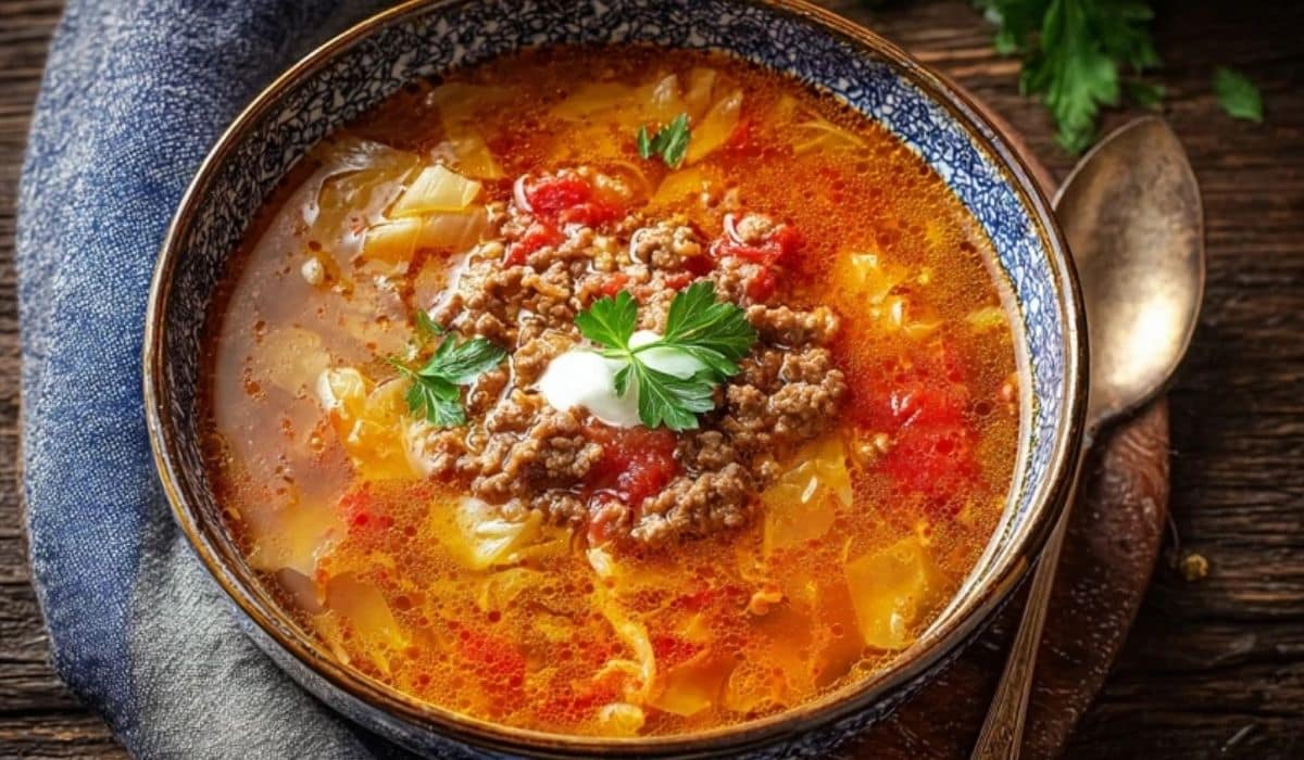Classic golumpki soup with ground beef in a rustic bowl with steam rising