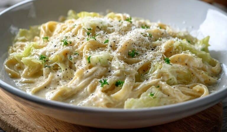 Creamy cabbage alfredo in a white bowl with Parmesan and parsley