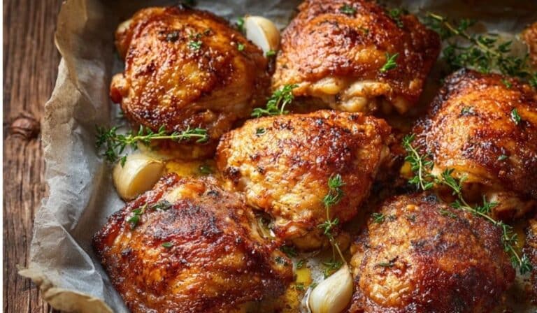 : Crispy oven baked chicken thighs on a sheet pan with golden skin
