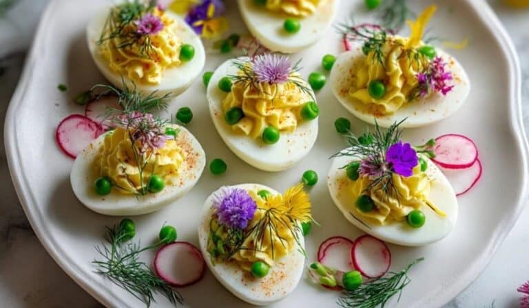 Deviled eggs with spring garnish on a white platter with herbs and radishes