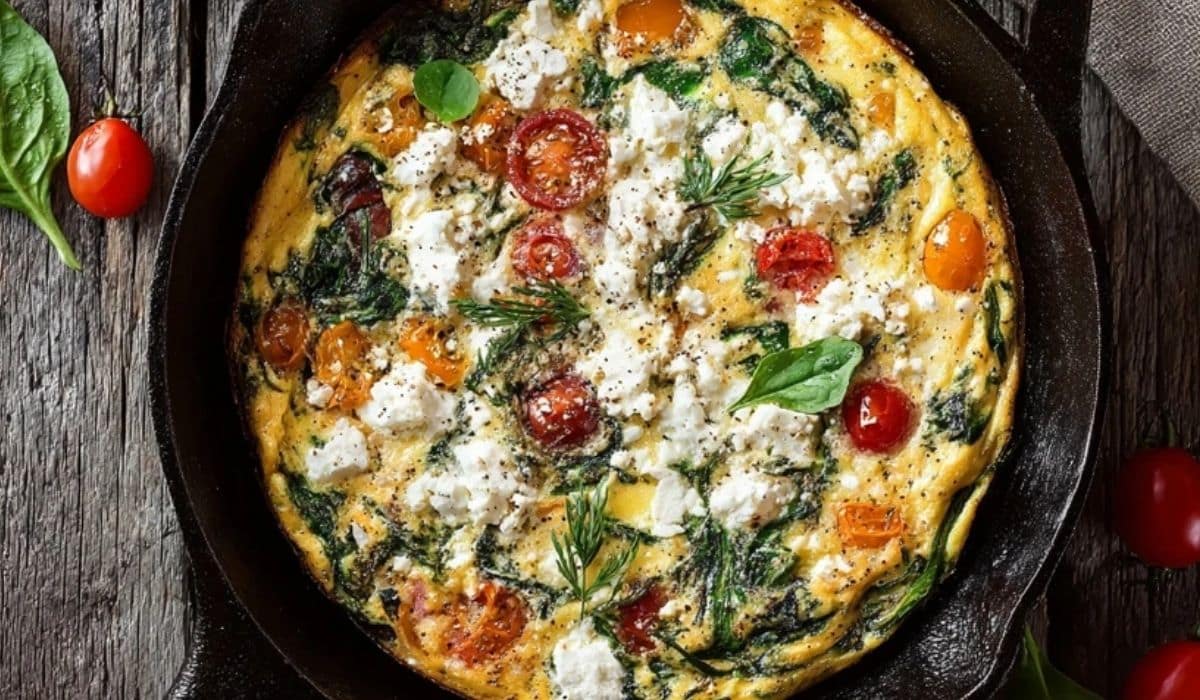 Egg white frittata with feta in a skillet, topped with spinach and tomatoes