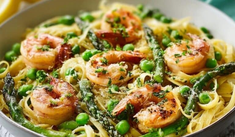 Garlic butter shrimp spring pasta with asparagus, peas, and lemon in a white bowl