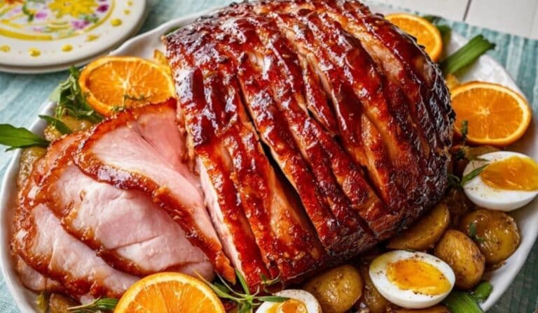 Glazed Easter ham with honey mustard sliced on a platter with potatoes and eggs.