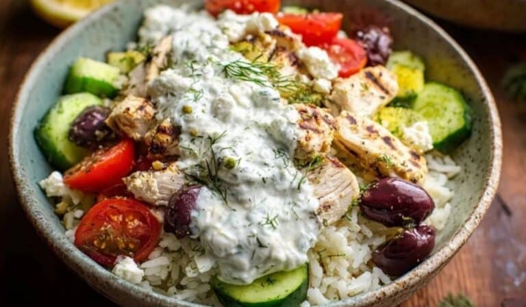 Greek chicken rice bowls with tzatziki on a wooden table