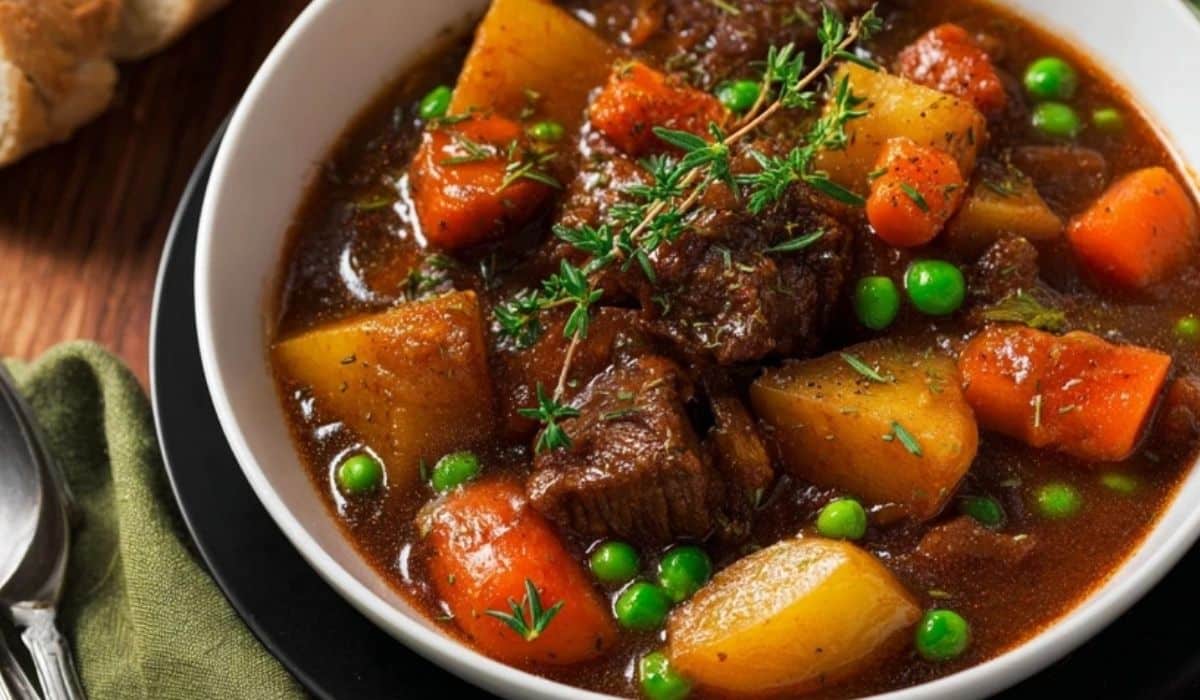 Guinness beef and vegetable stew in a rustic bowl with bread