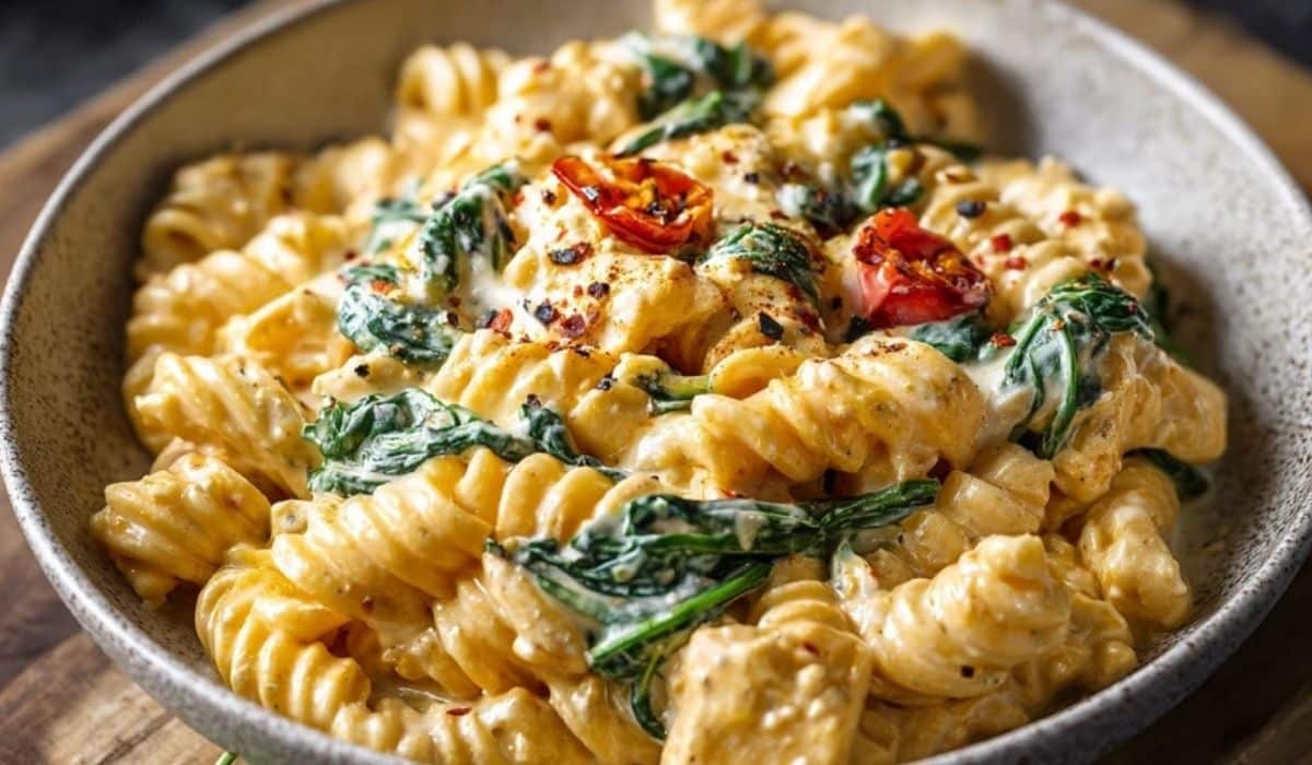 High-protein cottage cheese pasta in a bowl with spinach and tomatoes