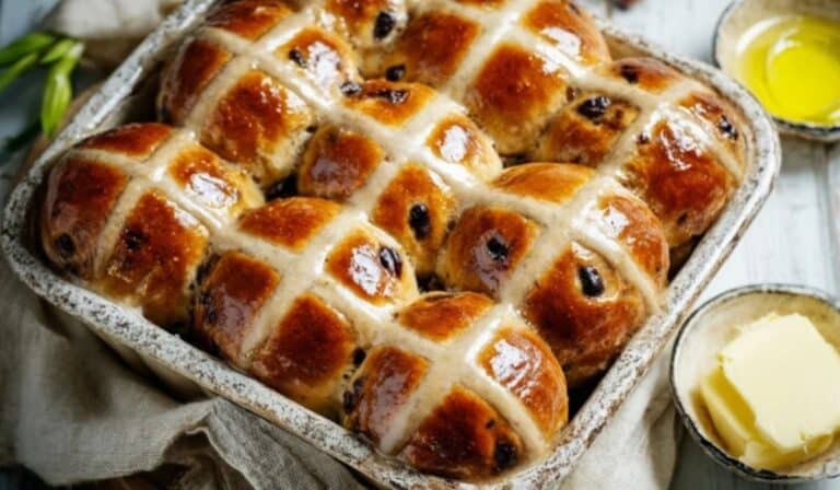 Homemade hot cross buns fresh from the oven in a baking dish