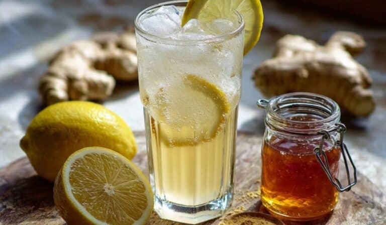 Homemade prebiotic ginger soda in a glass with lemon and ice