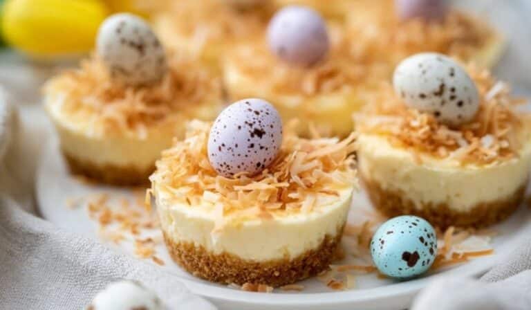 Lemon cheesecake Easter nests with toasted coconut and candy eggs on a spring platter