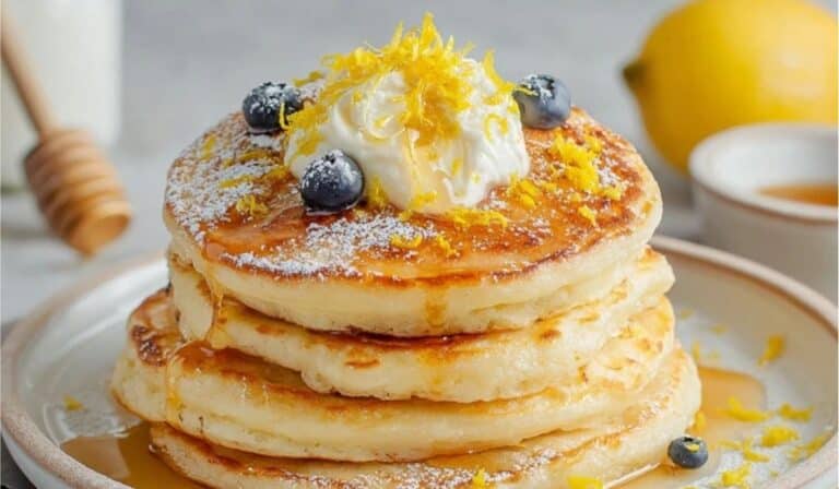 Lemon ricotta pancake stack with maple syrup and berries