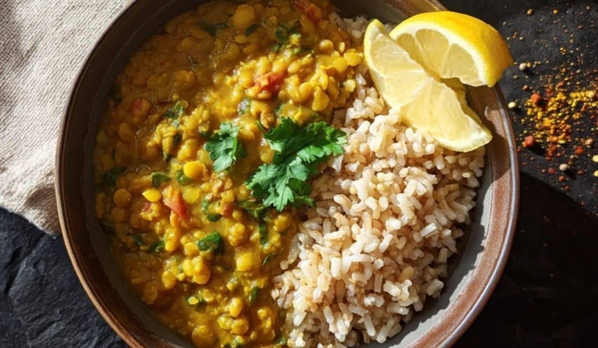 Lentil dal with brown rice in a bowl topped with cilantro and lemon
