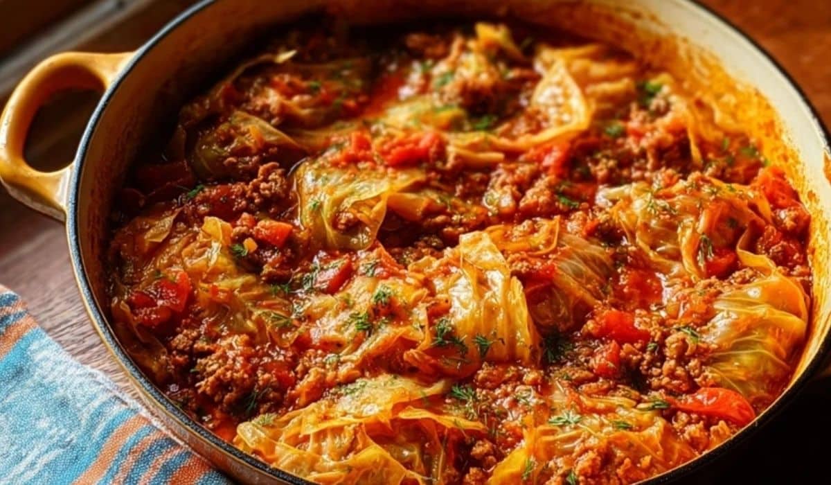 One-pot lazy cabbage rolls in a Dutch oven with cabbage, meat, and rice