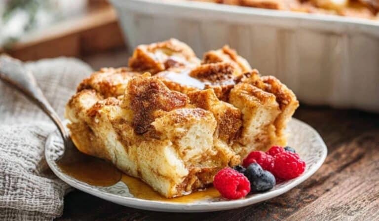 Overnight French toast bake in a casserole dish with maple syrup and berries
