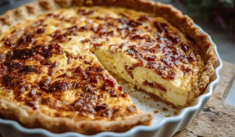 Quiche Lorraine baked until golden with bacon and Gruyère in a flaky crust