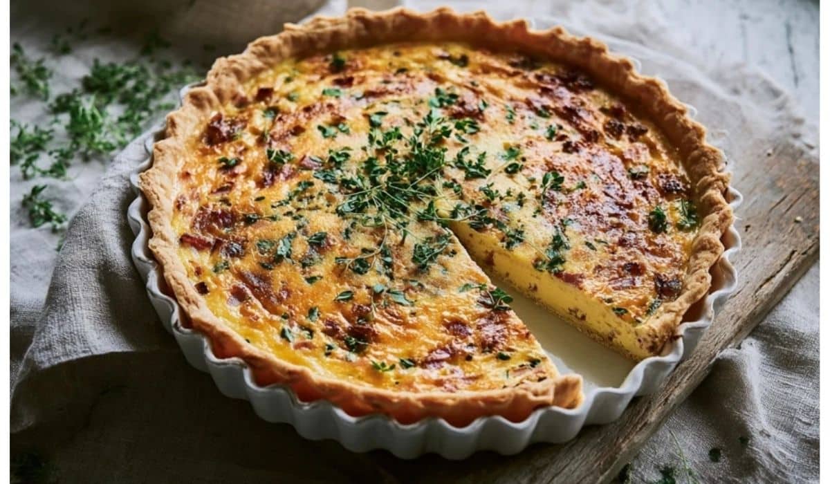 Quiche Lorraine with spring herbs sliced on a plate for brunch