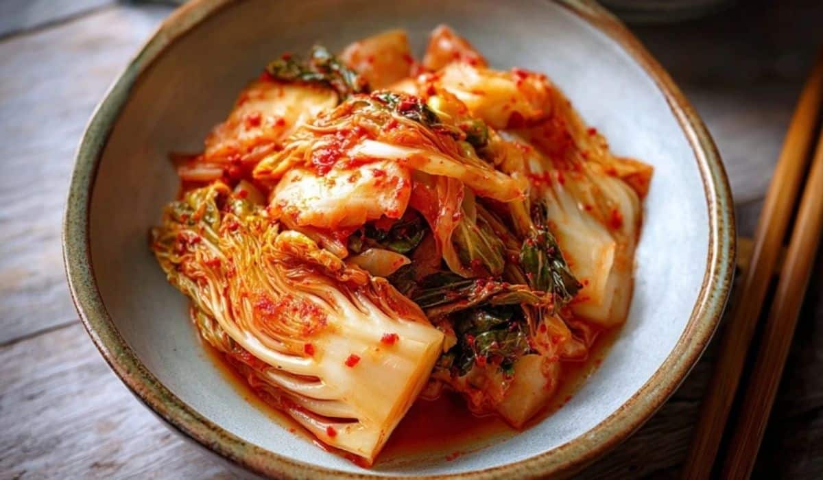 Quick kimchi with napa cabbage in a bowl with rice on the side