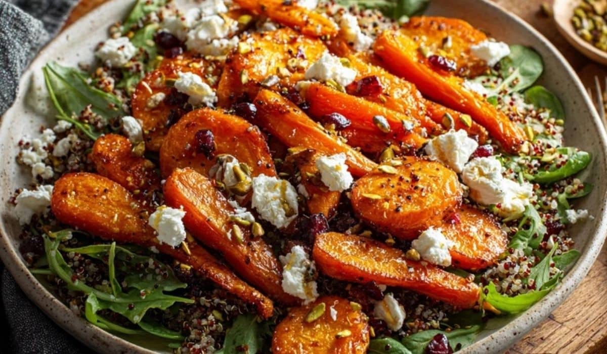 Roasted carrot and goat cheese salad with quinoa, greens, and pistachios in a large bowl