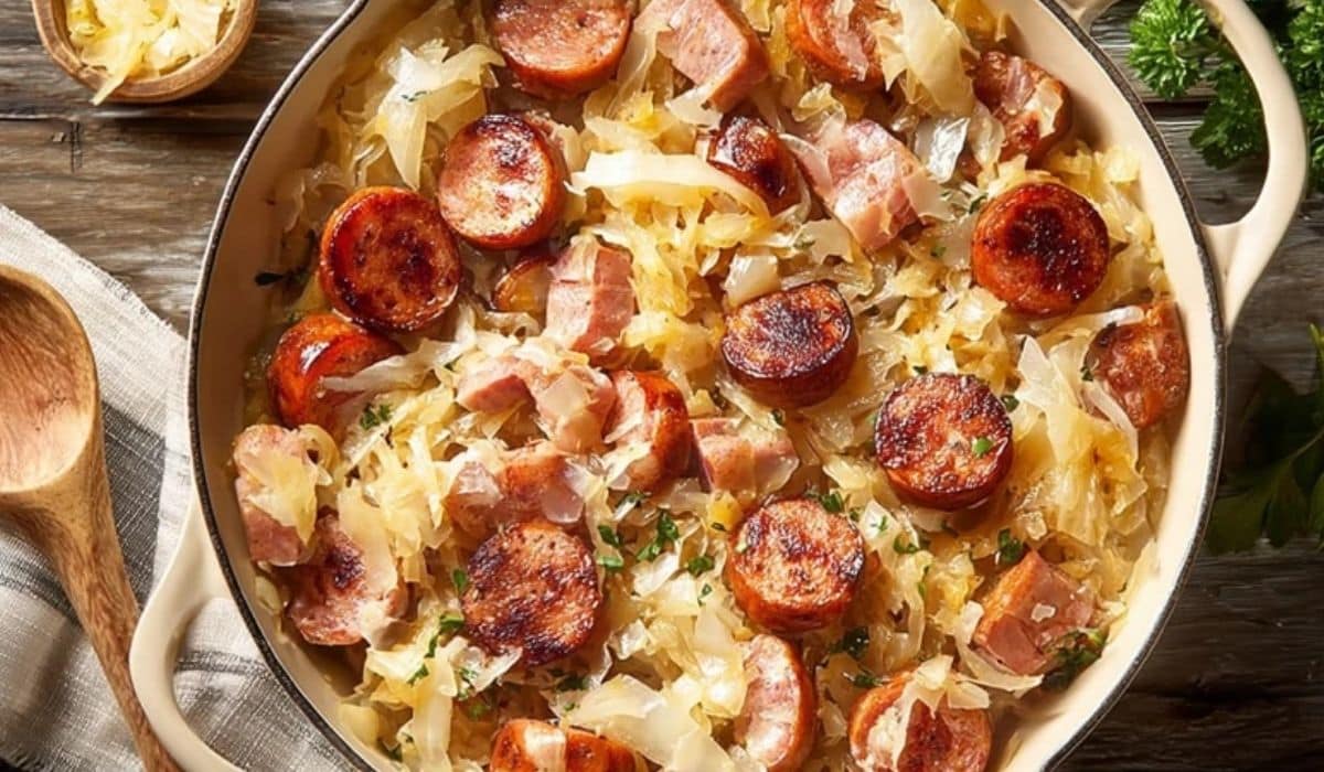 Sauerkraut and sausage skillet in a cast iron pan on a rustic table