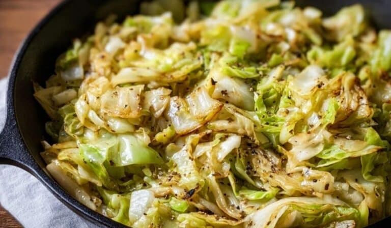 Simple Sautéed Green Cabbage in a cast iron skillet with golden edges