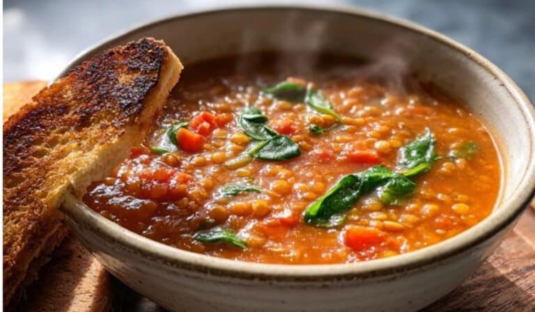 Slow-cooker lentil and tomato soup served hot with bread
