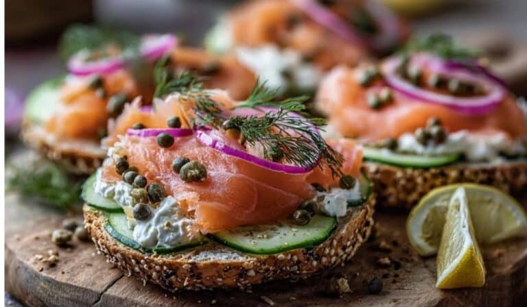 Smoked salmon and cream cheese bagels served with dill, capers, onion, and lemon