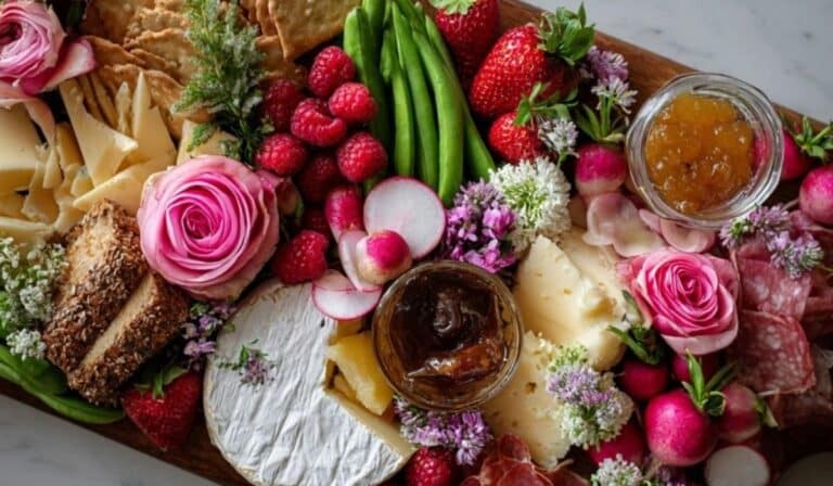 Spring charcuterie board ideas with cheese, fruit, crackers, and edible flowers