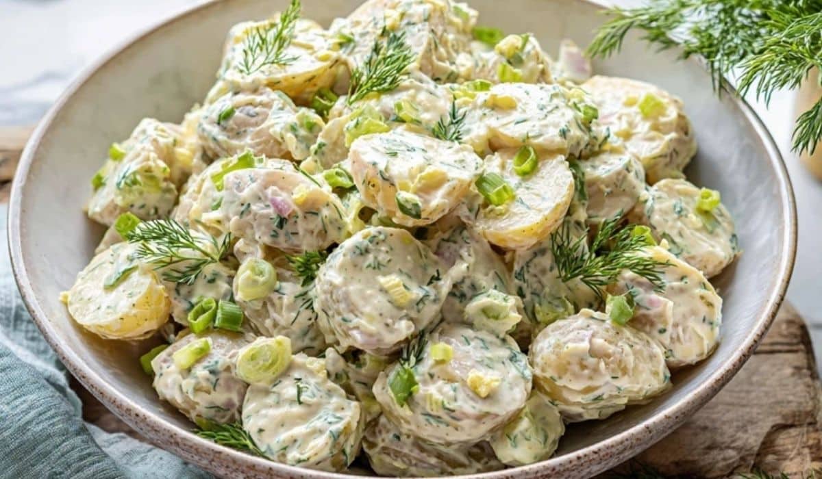 Creamy dill potato salad in a serving bowl with fresh dill and baby potatoes