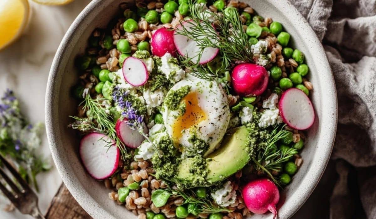 Spring pea and radish grain bowl with farro and lemon herb yogurt