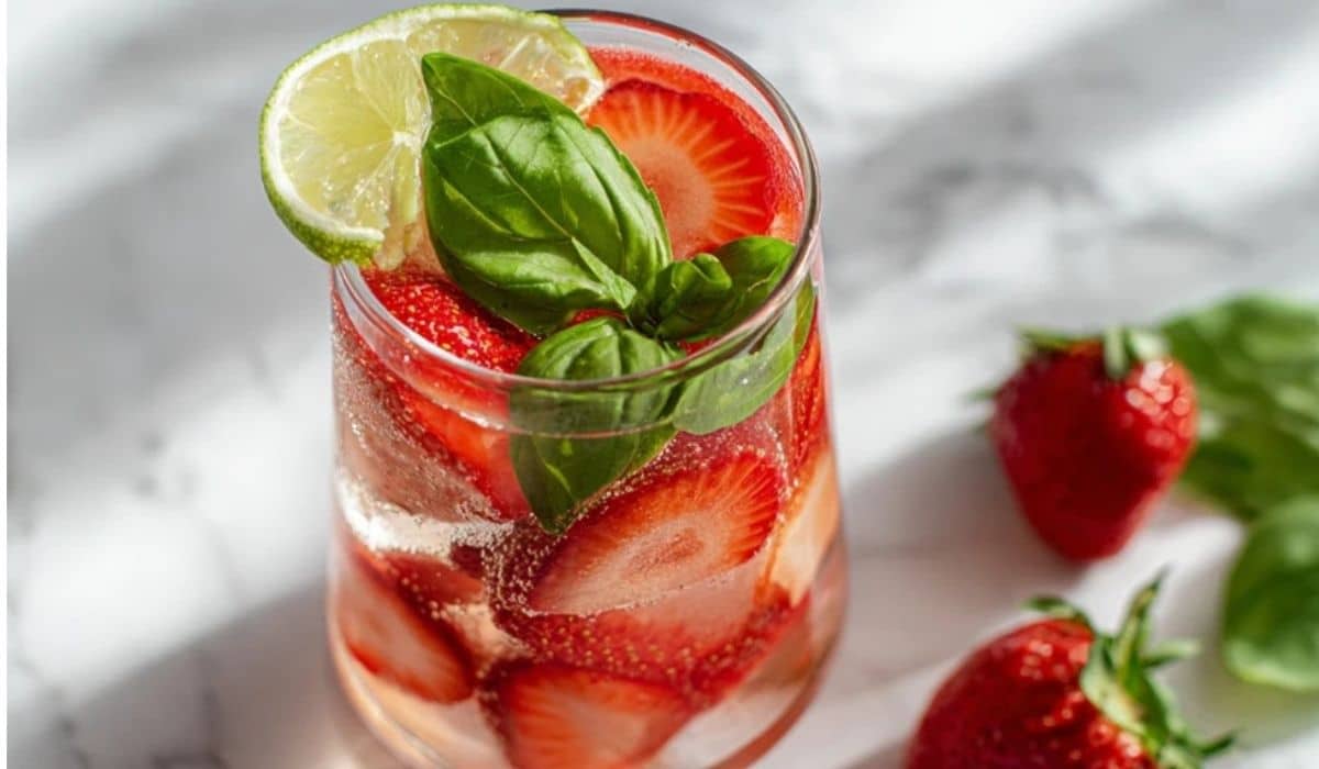 Strawberry basil spring mocktail in a sparkling glass with fresh berries and basil