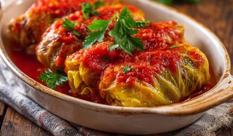 Stuffed cabbage rolls baked in tomato sauce in a rustic dish