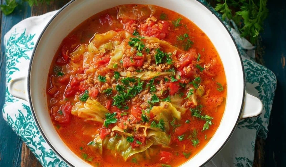 Tomato-based cabbage roll soup in a white bowl with rich tomato broth