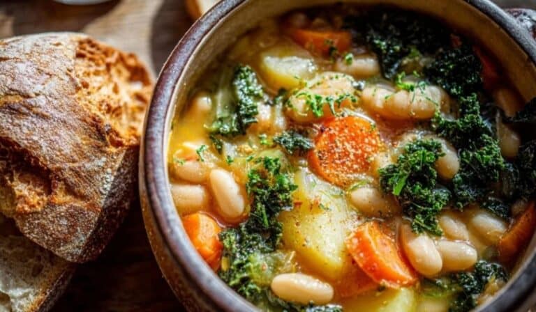 White bean and vegetable stew in a Dutch oven with beans, kale, and carrots